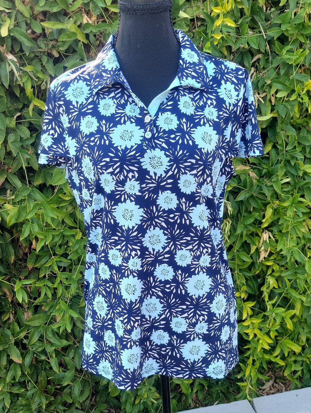 Sport Haley Navy and Light Blue Floral Button-Down Golf Polo L